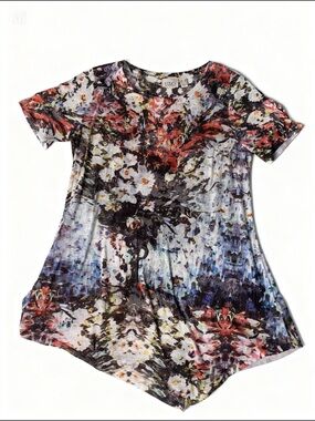 LOGO by Lori Goldstein Red Blue Purple Floral Short Sleeve Tunic